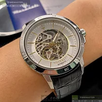 MASERATI瑪莎拉蒂精品錶，編號：R8821119002，46mm圓形銀精鋼錶殼白色雙面機械鏤空錶盤真皮皮革深黑色錶帶