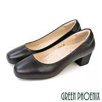 【GREEN PHOENIX】女 中跟鞋 素面 全真皮 方頭 粗跟 OL通勤 上班 面試 EU36 黑色