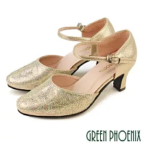 【GREEN PHOENIX】女 專業標準舞鞋 探戈 華爾滋 摩登舞鞋 國標舞鞋 金蔥 水鑽 真皮底 側扣式 69 金色