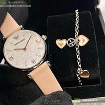 ARMANI阿曼尼精品錶，編號：AR00041，32mm圓形銀精鋼錶殼白色貝母錶盤真皮皮革粉紅錶帶