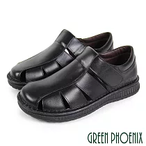 【GREEN PHOENIX】男 涼鞋 休閒鞋 便鞋 全真皮 牛皮 鏤空 台灣製 US10 黑色
