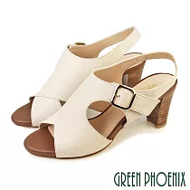 【GREEN PHOENIX】女 涼鞋 魚口鞋 全真皮 粗跟 高跟 鏤空 飾釦 台灣製 US4.5 米色