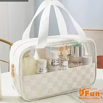 【iSFun】高雅格紋*PVC半透視手提防水化妝包/中號白色