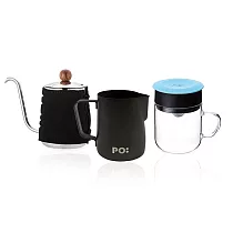 【PO：Selected】丹麥手沖咖啡三件組(手沖壺─黑/玻璃杯240ml─共4色/拉花杯─黑) 天使藍