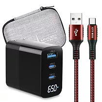 MYCELL 65W氮化鎵GDK55T 黑色+勇固線耐彎折編織線USB─Type─C─200cm 紅線