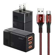 HANG 三代氮化鎵65W 黑色+勇固線耐彎折編織線USB─Type─C─200cm 紅線