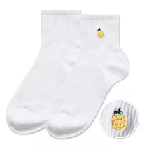 【ONEDER旺達棉品】韓系電繡2/2中統羅紋襪 柔棉刺繡襪 台灣製棉襪─ 純白(鳳梨) GK─A408