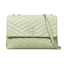 Tory burch 縫線皮革翻蓋斜背鍊包─淺綠松霜