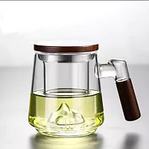 觀山泡茶杯茶水分離茶壺500ml 高硼硅玻璃 飄逸杯內膽過濾 胡桃木手柄一體設計沖茶器 觀山款─透明