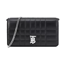 BURBERRY Lola TB LOGO 絎縫羔羊皮翻蓋斜背包 黑銀