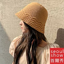 seoul show首爾秀 亞麻波紋韓版漁夫草帽防曬遮陽水桶帽 卡其