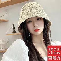 seoul show首爾秀 水桶草帽手工編織優質紙草防曬遮陽帽 米色