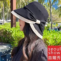 seoul show首爾秀 拼色扭扭蝴蝶結棉質混紡漁夫帽四季防曬遮陽帽  黑色