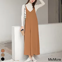 【MsMore】 V領百搭細吊帶連身休閒大寬褲# 113307 FREE 棕色
