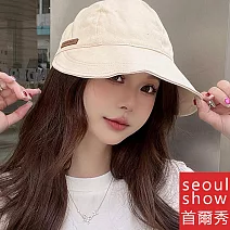 seoul show首爾秀 斜紋皮標束口棒球帽四季漁夫帽防曬遮陽帽  米黃