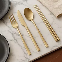 【韓國Ssueim】Pierre霧面 不鏽鋼餐具4件組(筷匙刀叉) ‧ 香檳金