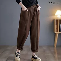 【AMIEE】大口袋斜紋磨毛鬆緊哈倫褲(3色/M-2XL/KDPQ-9028) M 咖啡色