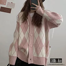 【Jilli~ko】學院風復古撞色菱格針織外套 J9333  FREE 粉紅色