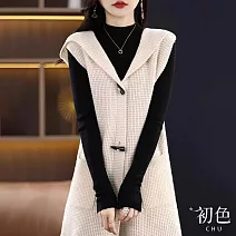 【初色】素色針織牛角扣無袖連帽背心外套中長款馬甲上衣-共3色-31533(F可選) F 米色