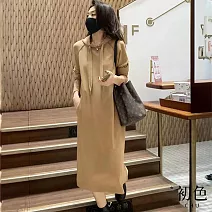 【初色】純色顯瘦長袖抽繩連帽連衣A字裙中長裙連身裙洋裝-共2色-31537(M-2XL可選) XL 卡其色