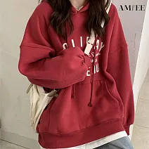 【AMIEE】舒適百搭英文字抽繩衛衣帽T(3色/M-2XL/KDTQ-527) M 紅色