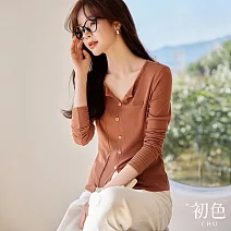 【初色】坑條紋排釦裝飾氣質收腰開叉V領長袖針織T恤上衣女上衣-焦糖色-32729(M-2XL可選) 2XL 焦糖色