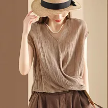 【ACheter】 棉麻感文藝復古砂洗圓領拼接無袖短版上衣# 122450 XL 咖色