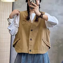 【ACheter】 棉馬甲新款V領寬鬆大碼百搭休閒疊穿背心短版外套# 122843 M 米黃色