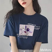 【MsMore】 英室茶瓷油彩印花圓領精梳棉短袖短版T恤上衣台灣現貨# 121673 S 藏青色