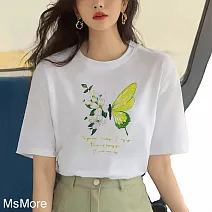 【MsMore】 清新花蝴蝶立體字印染圓領精梳棉短袖短版T恤上衣台灣現貨# 121676 S 白色