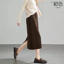 【初色】通勤風純色燈芯絨毛呢後開衩A字半身裙中長裙-共3色-37516(M-2XL可選) XL 咖色