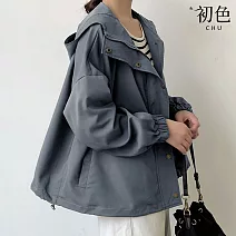 【初色】純色寬鬆單排釦短款工裝外套女外套-共6色-38077(F可選) F 深灰色