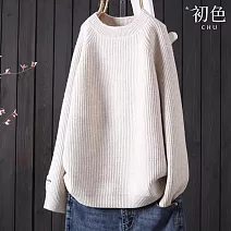 【初色】慵懶風純色寬鬆圓領長袖針織T恤女上衣-共5色-37976(F可選) F 米白色