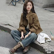 【初色】早秋復古純色長袖短款半立領單排扣工裝夾克外套女外套-咖啡色-38357(M-2XL可選) 2XL 咖啡色