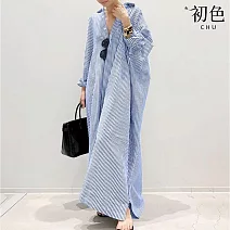 【初色】休閒居家風條紋寬鬆翻領長袖不規則中長連衣裙連身洋裝-共3色-38043(M-4XL可選) 2XL 天藍條紋