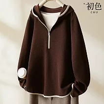 【初色】純色簡約撞色包邊半拉鍊連帽長袖寬鬆帽T衛衣T恤上衣女上衣-咖色-38676(M-2XL可選) L 咖色