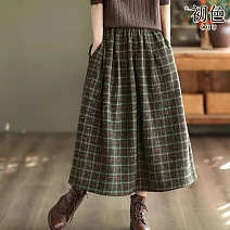 【初色】英倫風復古格紋高腰顯瘦毛呢A字裙半身裙中長裙-共2色-38606(M-2XL可選) M 綠色