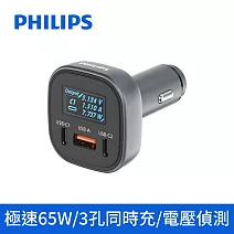 【Philips 飛利浦】黑金剛 PD 100W 快充Type-C+Type-A 3孔數位顯示車用充電器 (DLP3540C)