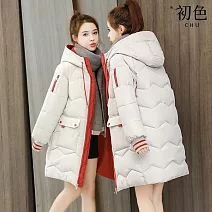 【初色】韓系寬鬆口袋壓痕設計連帽抽繩長袖中長款科技羽絨棉外套-共5色-32564(M-2XL可選) 2XL 米白色