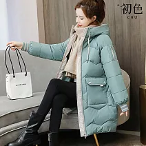 【初色】韓系寬鬆口袋壓痕設計連帽抽繩長袖中長款科技羽絨棉外套-共5色-32564(M-2XL可選) L 綠色