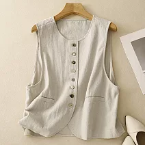 【ACheter】 文藝小圓領棉麻隨性馬甲排扣疊穿無袖背心短版上衣# 124291 L 杏色