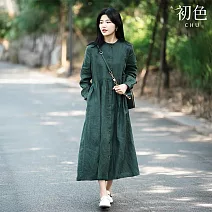 【初色】純色圓領長袖寬鬆文藝中長連衣裙連身洋裝-深綠色-10160(M-2XL可選) M 深綠色