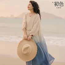 【初色】棉麻風漸層暈染圓領長袖寬鬆中大尺碼中長裙連衣裙連身洋裝長裙-杏藍漸層-10137(L-2XL可選) L 杏藍漸層