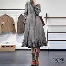 【初色】文藝風立領長袖褶皺千鳥格紋荷葉邊中長裙連身裙長裙連衣洋裝-千鳥格-10155(M-2XL可選) M 千鳥格