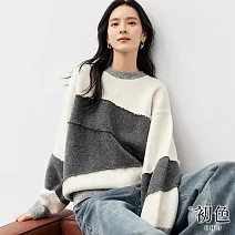 【初色】毛絨撞色圓領長袖針織毛衣衫上衣女上衣-白灰色-39872(F可選) F 白灰色