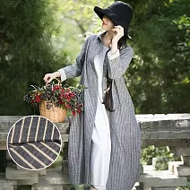 【ACheter】 復古長款POLO領單排扣休閒條紋長袖薄外套百搭棉麻襯衫洋裝# 124440 M 灰色