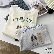 【初色】慵懶休閒減齡寬鬆顯瘦圓領短袖狗狗印花T恤上衣女上衣-共4色-10813(F可選) F 花灰色