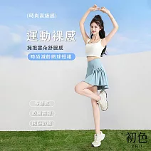 【初色】甜美風純色修身高腰防走光假兩件五分運動瑜珈短褲裙褲-共3色-11014(M-2XL可選) M 淺藍色