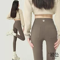 【初色】裸感純色高腰收腹提臀鯊魚褲瑜珈緊身褲九分長褲-共3色-11015(M-2XL可選) M 棕色