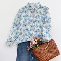 【ACheter】 淺藍色碎花長袖防曬襯衫支莥麻薄款法式文藝清新印花上衣# 124648 2XL 藍色